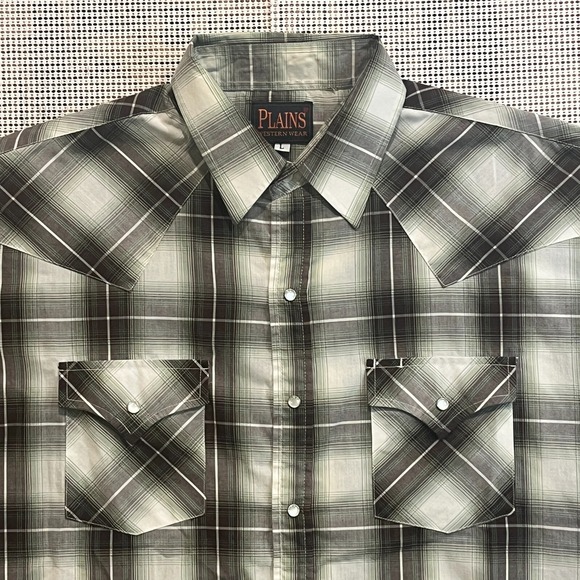 VTG PLAINS Country Western Ranch Lightweight Short Sleeve Cowboy Pearl Snap - L - Picture 2 of 6